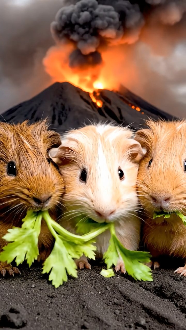 902. Photorealistic scene of 2 smooth-haired Teddy guinea pigs with Orange and Black fur, dressed as chefs in tiny aprons, carefully stirring miniature pots of soup with small wooden spoons, their whiskers twitching as they sniff the aroma, in a cozy guinea pig kitchen with hay counters and wooden shelves lined with tiny jars, under warm lamplight, capturing a vivid, lifelike culinary moment.