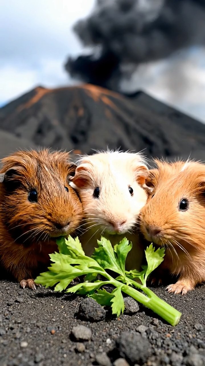 902. Photorealistic scene of 2 smooth-haired Teddy guinea pigs with Orange and Black fur, dressed as chefs in tiny aprons, carefully stirring miniature pots of soup with small wooden spoons, their whiskers twitching as they sniff the aroma, in a cozy guinea pig kitchen with hay counters and wooden shelves lined with tiny jars, under warm lamplight, capturing a vivid, lifelike culinary moment.