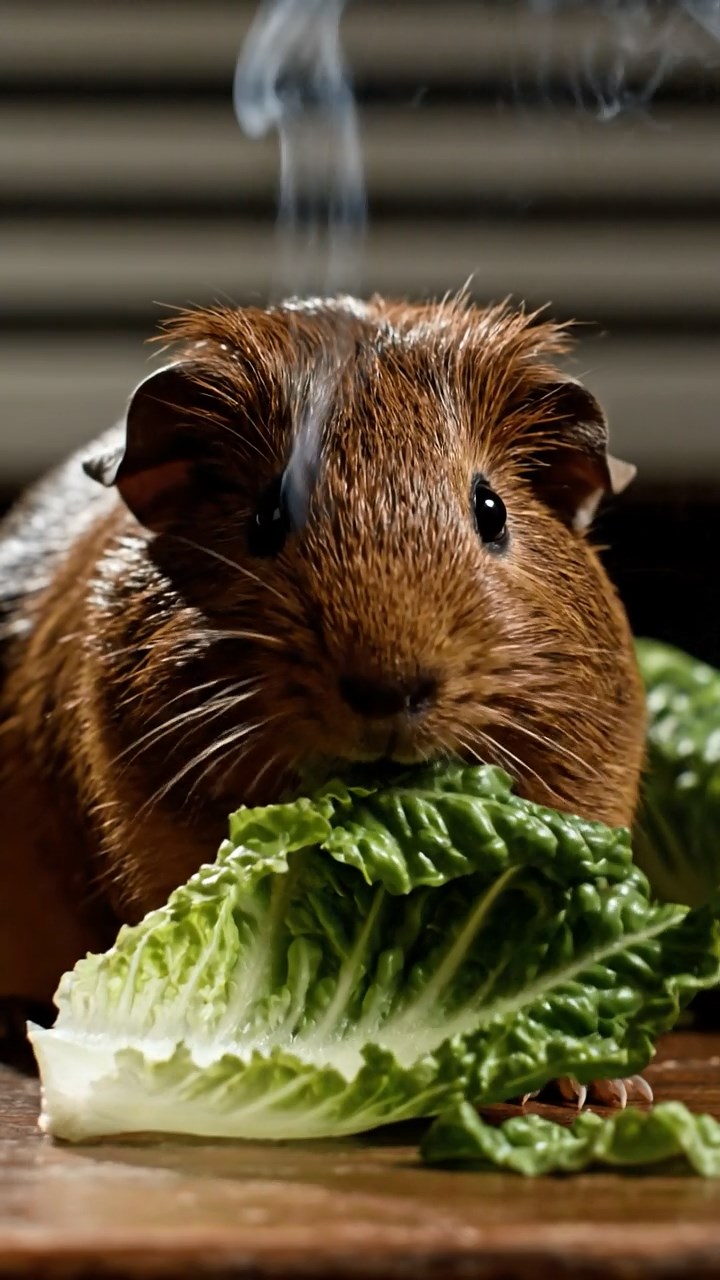 902. Photorealistic scene of 2 smooth-haired Teddy guinea pigs with Orange and Black fur, dressed as chefs in tiny aprons, carefully stirring miniature pots of soup with small wooden spoons, their whiskers twitching as they sniff the aroma, in a cozy guinea pig kitchen with hay counters and wooden shelves lined with tiny jars, under warm lamplight, capturing a vivid, lifelike culinary moment.