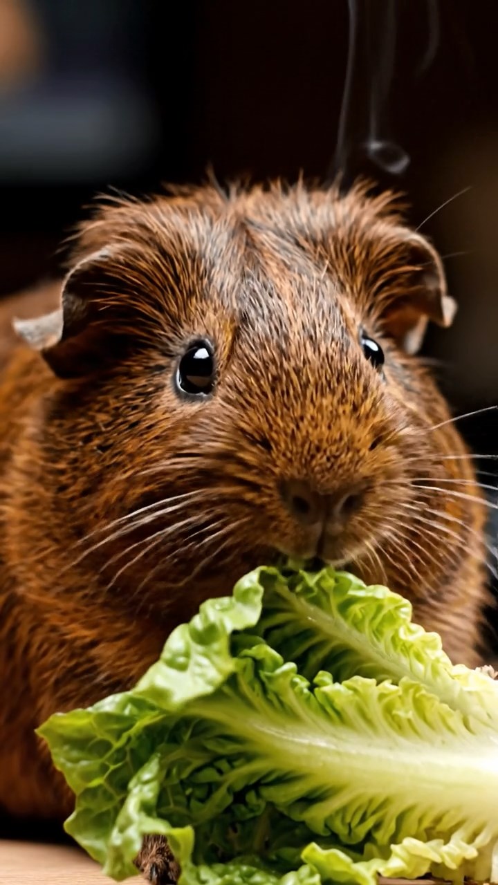 902. Photorealistic scene of 2 smooth-haired Teddy guinea pigs with Orange and Black fur, dressed as chefs in tiny aprons, carefully stirring miniature pots of soup with small wooden spoons, their whiskers twitching as they sniff the aroma, in a cozy guinea pig kitchen with hay counters and wooden shelves lined with tiny jars, under warm lamplight, capturing a vivid, lifelike culinary moment.