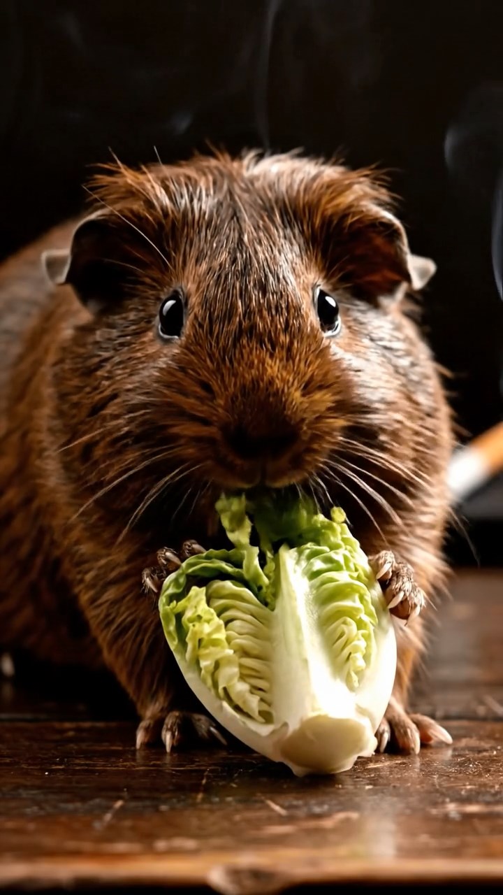 903. Highly detailed view of 3 smooth-haired Himalayan guinea pigs with Gray, Cream, and Brown fur, squeaking loudly while darting back and forth to communicate, their tiny feet pattering on soft moss, in a dense fern grove with scattered twigs and dewdrops glistening, under dappled sunlight filtering through tall trees, creating a realistic, immersive scene of natural interaction.