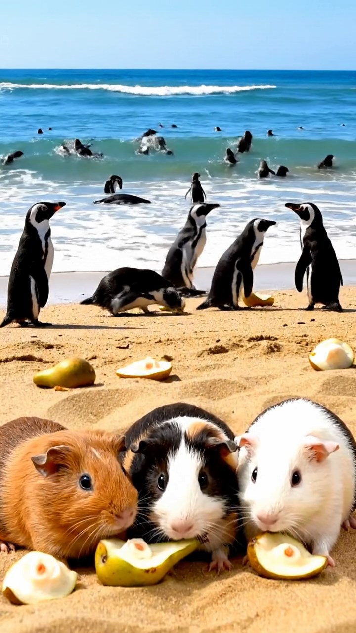 903. Highly detailed view of 3 smooth-haired Himalayan guinea pigs with Gray, Cream, and Brown fur, squeaking loudly while darting back and forth to communicate, their tiny feet pattering on soft moss, in a dense fern grove with scattered twigs and dewdrops glistening, under dappled sunlight filtering through tall trees, creating a realistic, immersive scene of natural interaction.