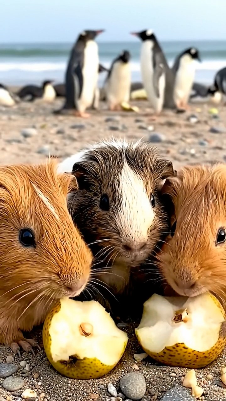 903. Highly detailed view of 3 smooth-haired Himalayan guinea pigs with Gray, Cream, and Brown fur, squeaking loudly while darting back and forth to communicate, their tiny feet pattering on soft moss, in a dense fern grove with scattered twigs and dewdrops glistening, under dappled sunlight filtering through tall trees, creating a realistic, immersive scene of natural interaction.