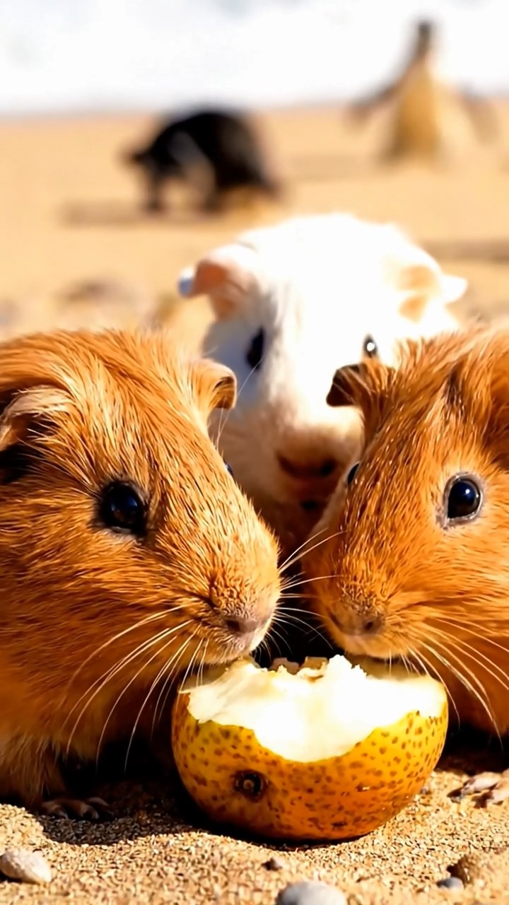 904. Realistic scene of 4 smooth-haired Californian guinea pigs with Fawn, Chocolate, Cinnamon, and Sable fur, dressed as firefighters in tiny uniforms, energetically climbing a miniature ladder, gripping each rung with precision, in a guinea pig town square with cobblestone paths and glowing lanterns, under soft evening light, enhancing the lifelike, heroic atmosphere.