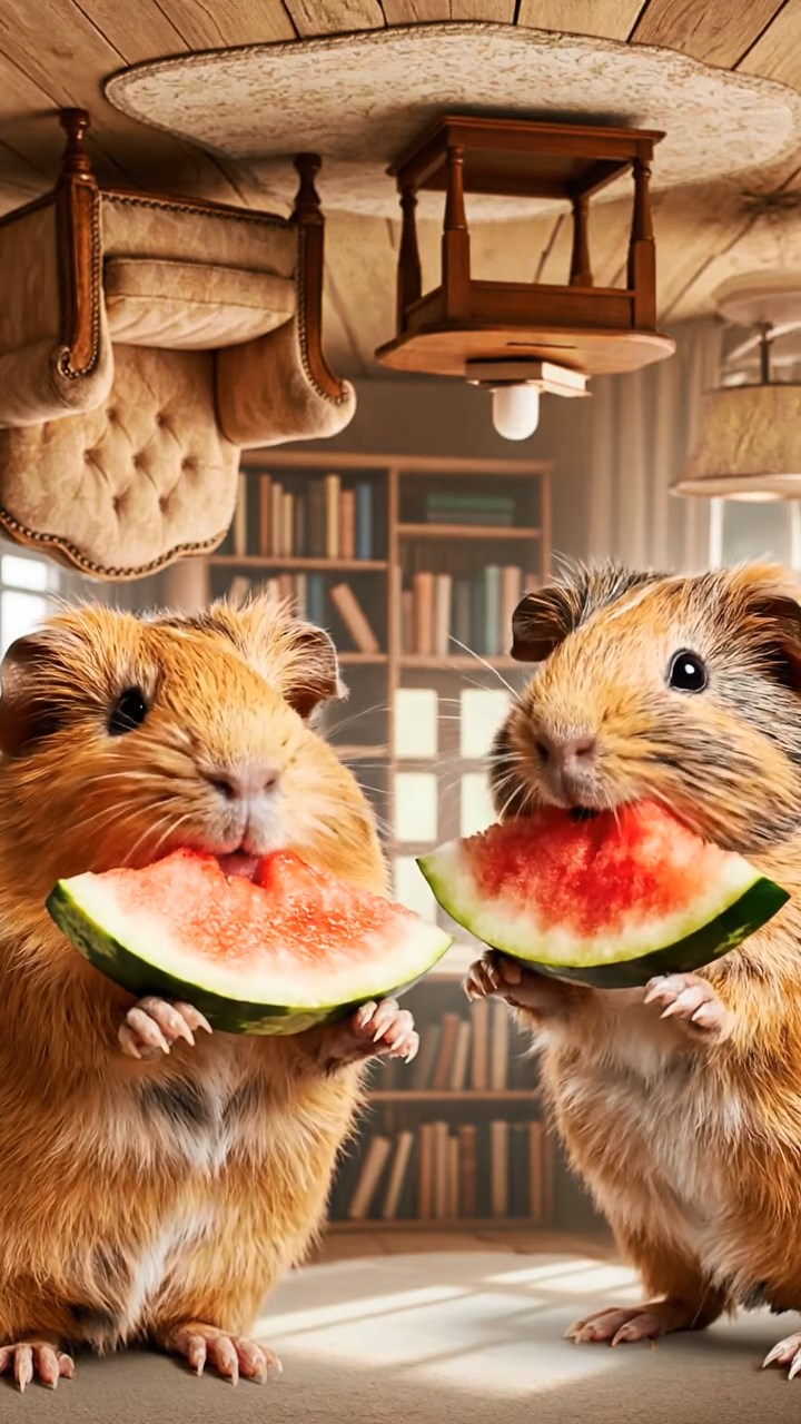 904. Realistic scene of 4 smooth-haired Californian guinea pigs with Fawn, Chocolate, Cinnamon, and Sable fur, dressed as firefighters in tiny uniforms, energetically climbing a miniature ladder, gripping each rung with precision, in a guinea pig town square with cobblestone paths and glowing lanterns, under soft evening light, enhancing the lifelike, heroic atmosphere.