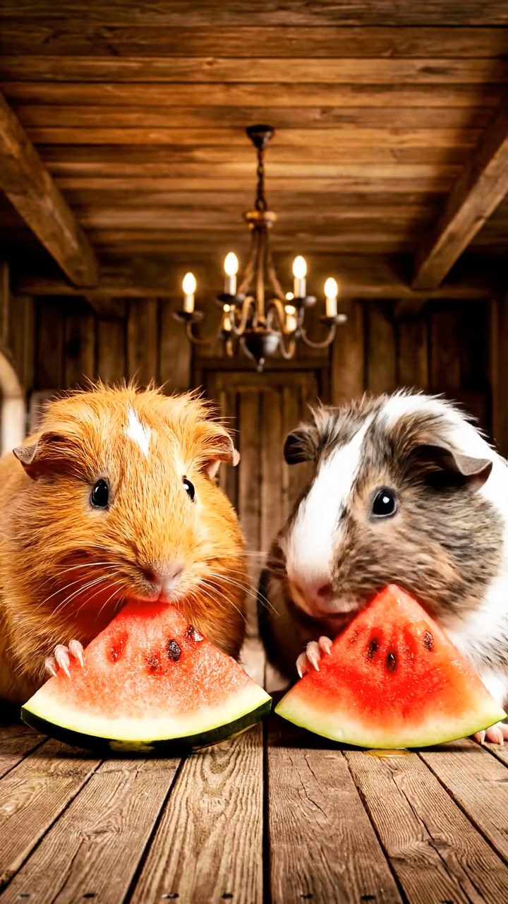 904. Realistic scene of 4 smooth-haired Californian guinea pigs with Fawn, Chocolate, Cinnamon, and Sable fur, dressed as firefighters in tiny uniforms, energetically climbing a miniature ladder, gripping each rung with precision, in a guinea pig town square with cobblestone paths and glowing lanterns, under soft evening light, enhancing the lifelike, heroic atmosphere.