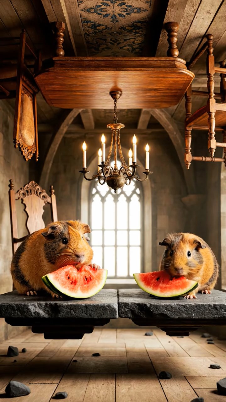 905. Detailed photo of 5 smooth-haired American guinea pigs with White, Orange, Gray, Black, and Brown fur, methodically nest-building by dragging twigs and grass with their teeth, weaving them into a cozy pile, in a tranquil forest glade with soft ferns and a babbling brook, under gentle morning light, creating a vivid, realistic scene of cooperative effort.