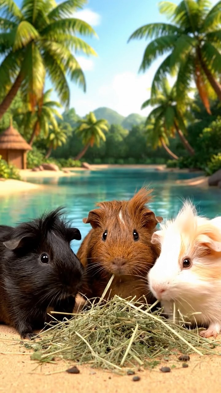 905. Detailed photo of 5 smooth-haired American guinea pigs with White, Orange, Gray, Black, and Brown fur, methodically nest-building by dragging twigs and grass with their teeth, weaving them into a cozy pile, in a tranquil forest glade with soft ferns and a babbling brook, under gentle morning light, creating a vivid, realistic scene of cooperative effort.