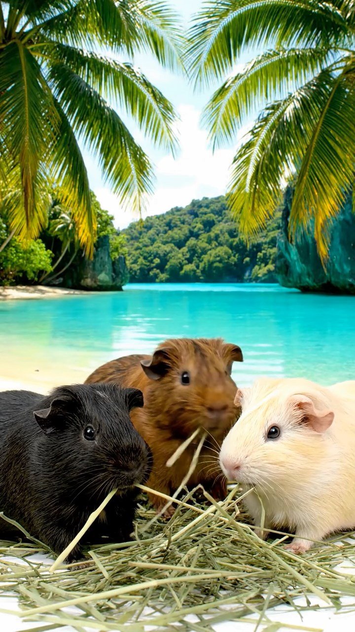 905. Detailed photo of 5 smooth-haired American guinea pigs with White, Orange, Gray, Black, and Brown fur, methodically nest-building by dragging twigs and grass with their teeth, weaving them into a cozy pile, in a tranquil forest glade with soft ferns and a babbling brook, under gentle morning light, creating a vivid, realistic scene of cooperative effort.