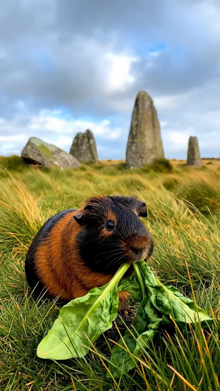 907. Highly detailed view of 2 smooth-haired Himalayan guinea pigs with Fawn and Sable fur, dressed as journalists in tiny vests, scribbling furiously on miniature notepads with tiny pencils gripped in their paws, in a guinea pig newsroom with hay desks and clacking typewriters, under bright lights, creating a realistic, bustling scene.