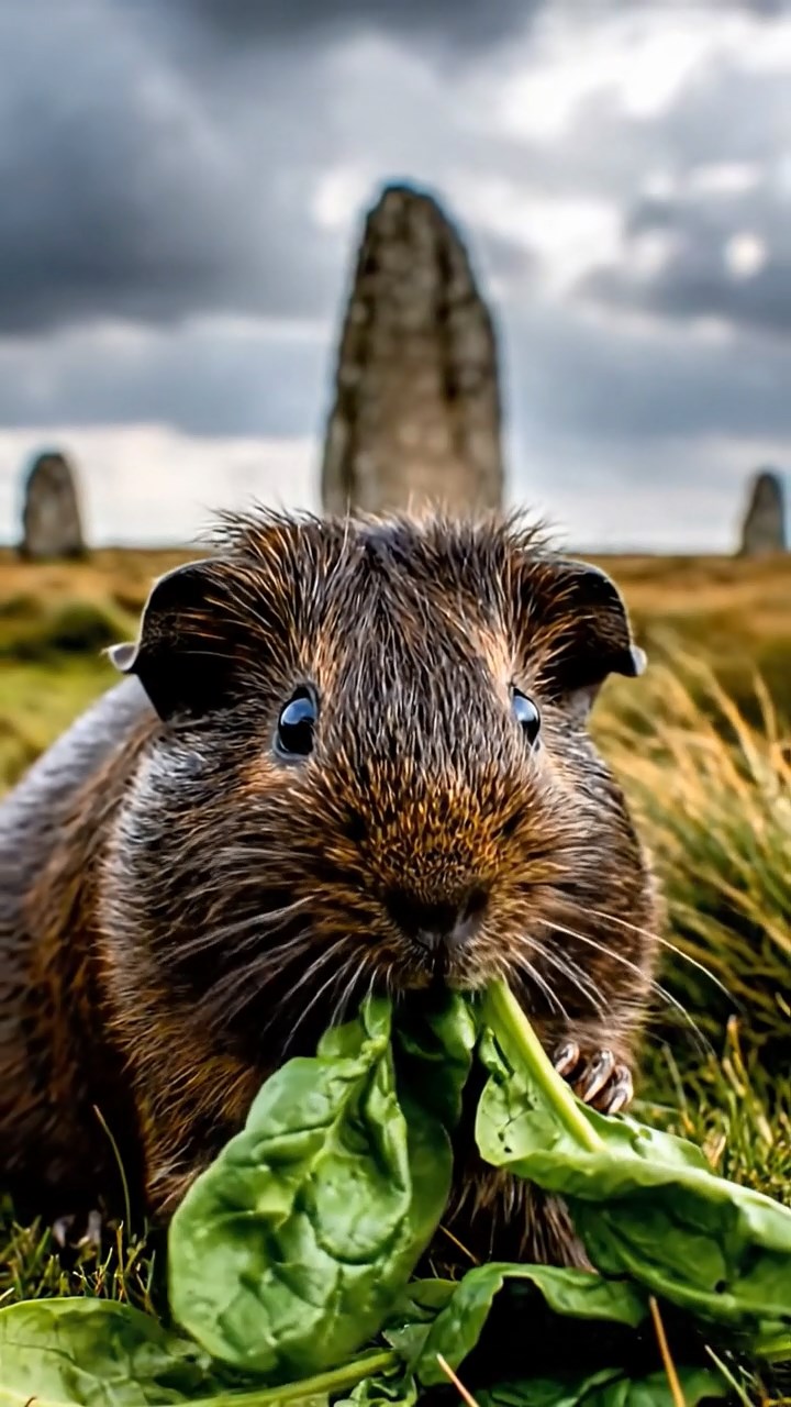 908. Realistic scene of 3 smooth-haired Californian guinea pigs with Chocolate, Cinnamon, and Gray fur, lapping water from a clear stream, their tongues darting rhythmically as they drink, in a forested slope with pine needles and moss underfoot, under dappled sunlight, enhancing the authentic, serene atmosphere.