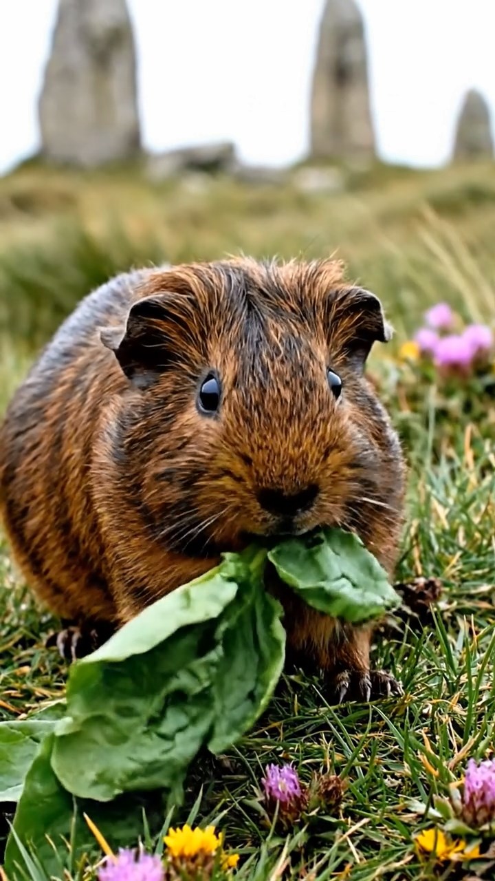 908. Realistic scene of 3 smooth-haired Californian guinea pigs with Chocolate, Cinnamon, and Gray fur, lapping water from a clear stream, their tongues darting rhythmically as they drink, in a forested slope with pine needles and moss underfoot, under dappled sunlight, enhancing the authentic, serene atmosphere.