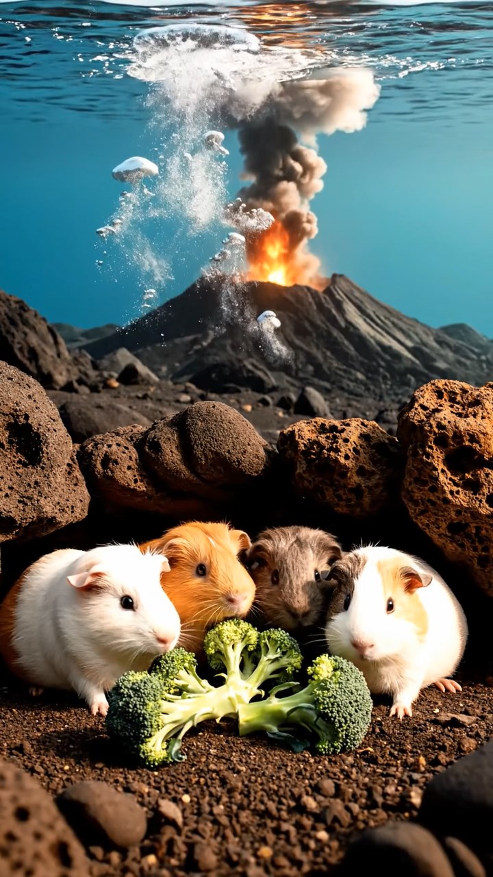 908. Realistic scene of 3 smooth-haired Californian guinea pigs with Chocolate, Cinnamon, and Gray fur, lapping water from a clear stream, their tongues darting rhythmically as they drink, in a forested slope with pine needles and moss underfoot, under dappled sunlight, enhancing the authentic, serene atmosphere.