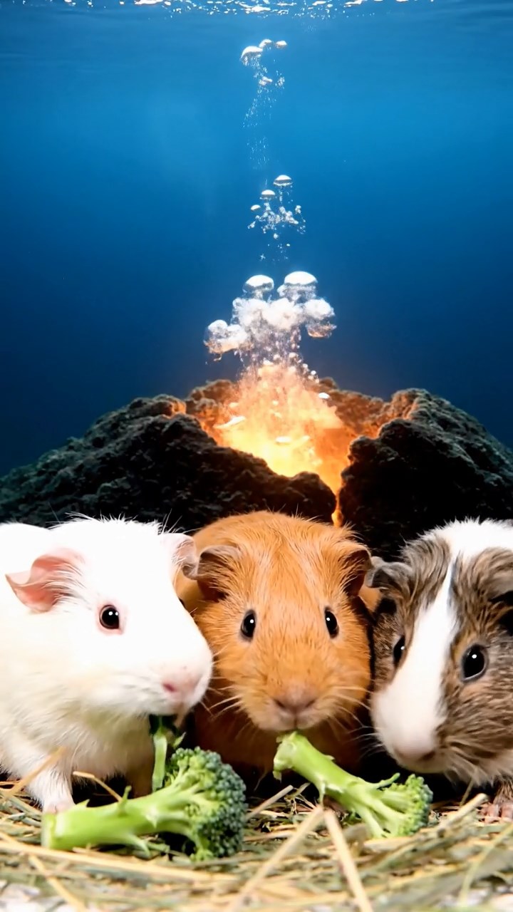 908. Realistic scene of 3 smooth-haired Californian guinea pigs with Chocolate, Cinnamon, and Gray fur, lapping water from a clear stream, their tongues darting rhythmically as they drink, in a forested slope with pine needles and moss underfoot, under dappled sunlight, enhancing the authentic, serene atmosphere.