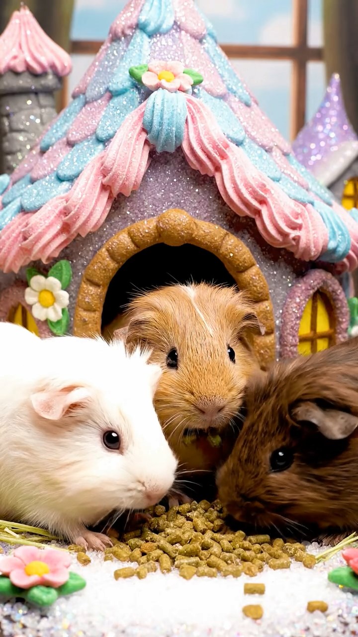 911. Highly detailed view of 1 smooth-haired Himalayan guinea pig with White fur, chewing on fresh broccoli, biting off small florets with careful nibbles, in a vibrant vegetable garden with rows of carrots and lettuce, under bright sunlight, creating a realistic, colorful rural scene of peaceful foraging.