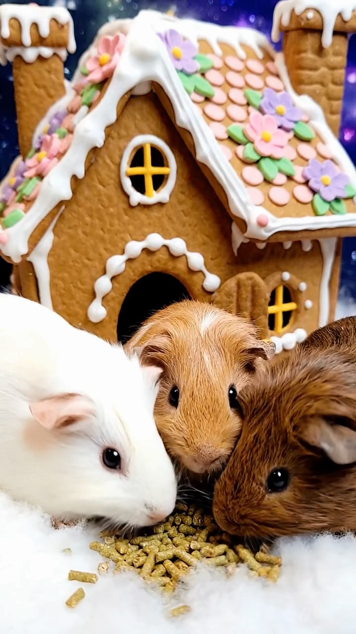 911. Highly detailed view of 1 smooth-haired Himalayan guinea pig with White fur, chewing on fresh broccoli, biting off small florets with careful nibbles, in a vibrant vegetable garden with rows of carrots and lettuce, under bright sunlight, creating a realistic, colorful rural scene of peaceful foraging.