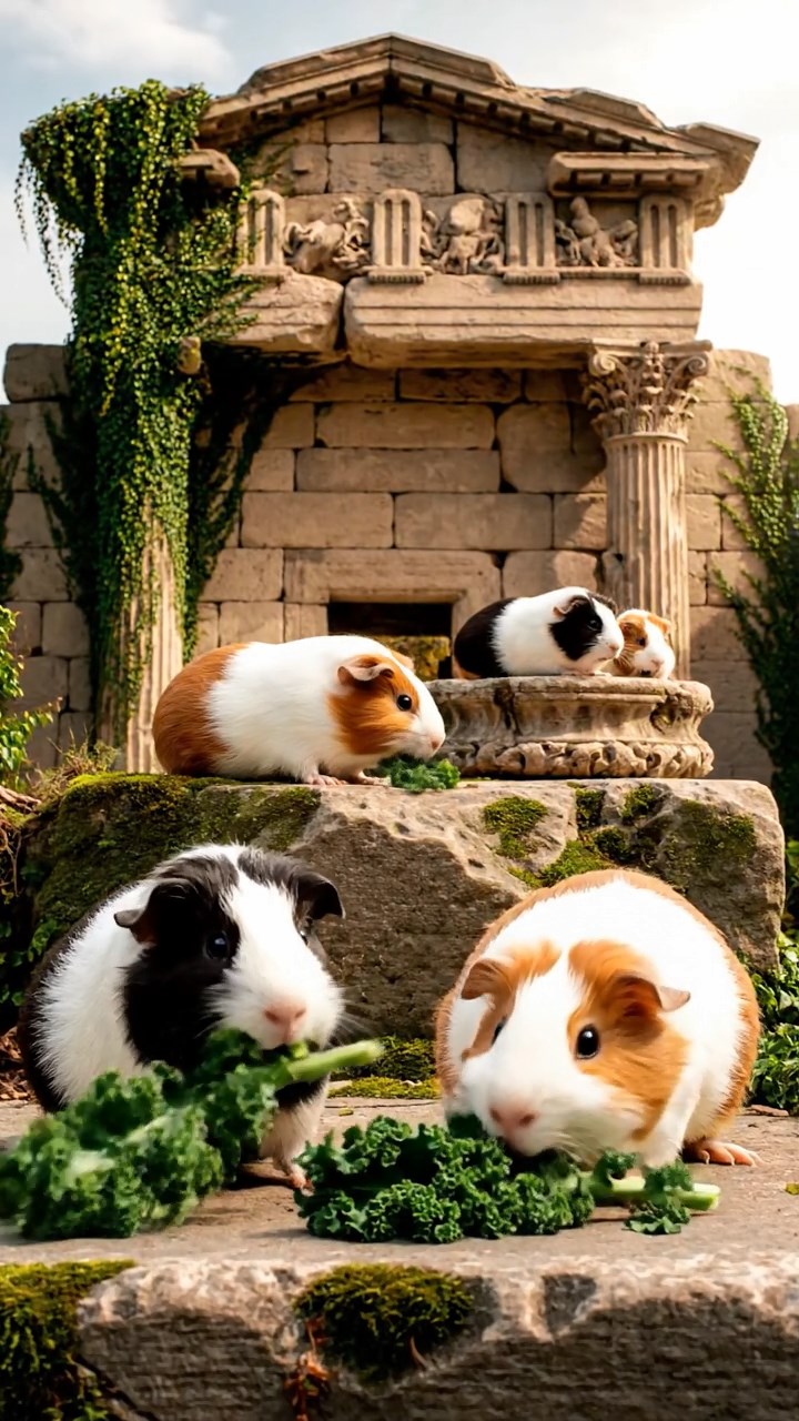 913. Detailed photo of 3 smooth-haired American guinea pigs with Gray, Cream, and Brown fur, marking territory by rubbing their chins gently on grass blades, leaving subtle scent trails, in a lush fern grove with dense green fronds, under dappled sunlight, creating a vivid, realistic forest scene.