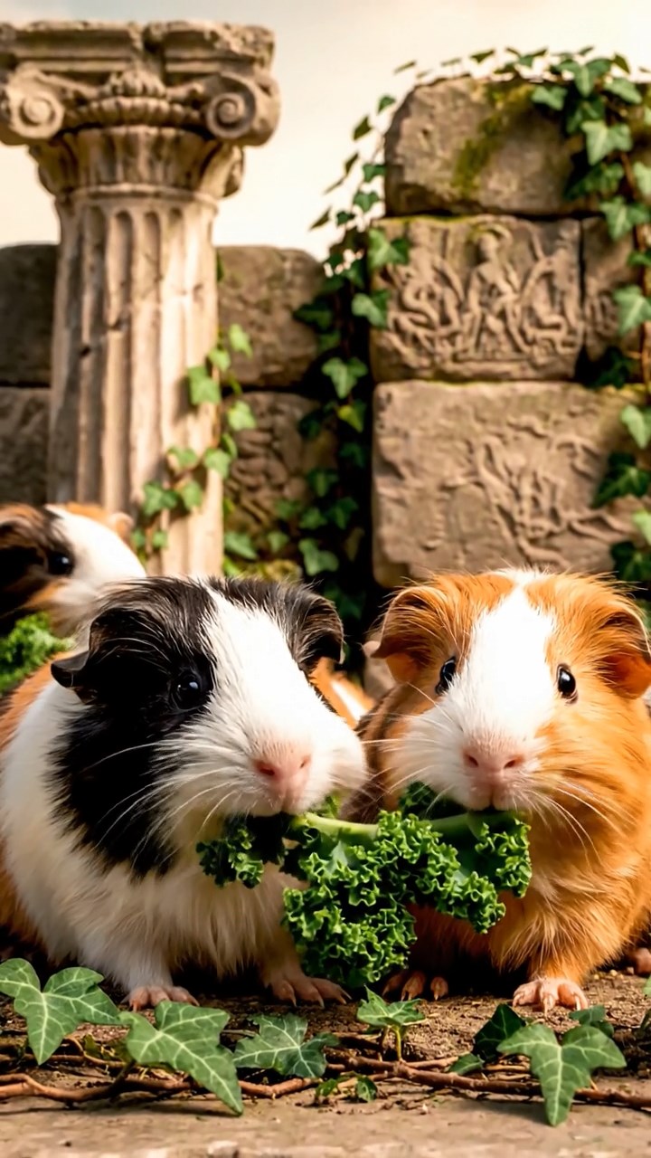 913. Detailed photo of 3 smooth-haired American guinea pigs with Gray, Cream, and Brown fur, marking territory by rubbing their chins gently on grass blades, leaving subtle scent trails, in a lush fern grove with dense green fronds, under dappled sunlight, creating a vivid, realistic forest scene.
