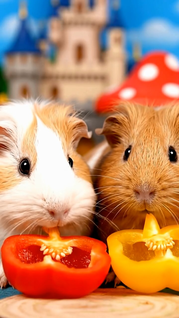 915. Highly detailed view of 5 smooth-haired Himalayan guinea pigs with White, Orange, Gray, Black, and Brown fur, snuggling closely, nuzzling each other’s fur for warmth, in a cozy nest of grass and twigs in a tranquil meadow with wildflowers, under soft morning light, creating a realistic, heartwarming scene.