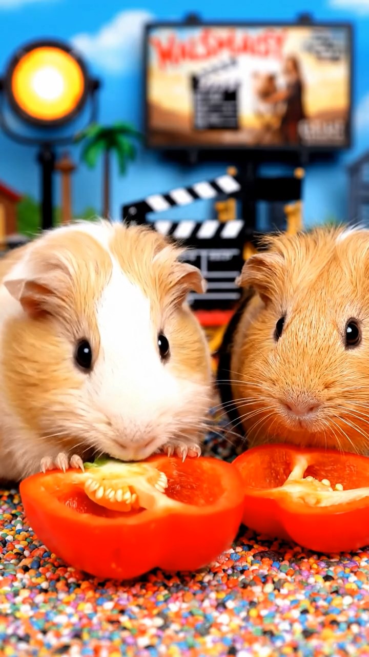 915. Highly detailed view of 5 smooth-haired Himalayan guinea pigs with White, Orange, Gray, Black, and Brown fur, snuggling closely, nuzzling each other’s fur for warmth, in a cozy nest of grass and twigs in a tranquil meadow with wildflowers, under soft morning light, creating a realistic, heartwarming scene.