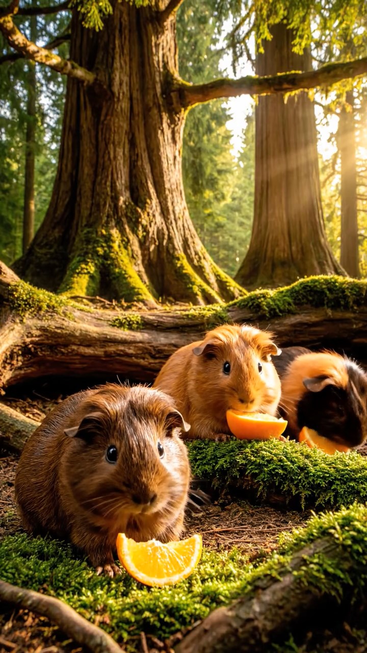 915. Highly detailed view of 5 smooth-haired Himalayan guinea pigs with White, Orange, Gray, Black, and Brown fur, snuggling closely, nuzzling each other’s fur for warmth, in a cozy nest of grass and twigs in a tranquil meadow with wildflowers, under soft morning light, creating a realistic, heartwarming scene.
