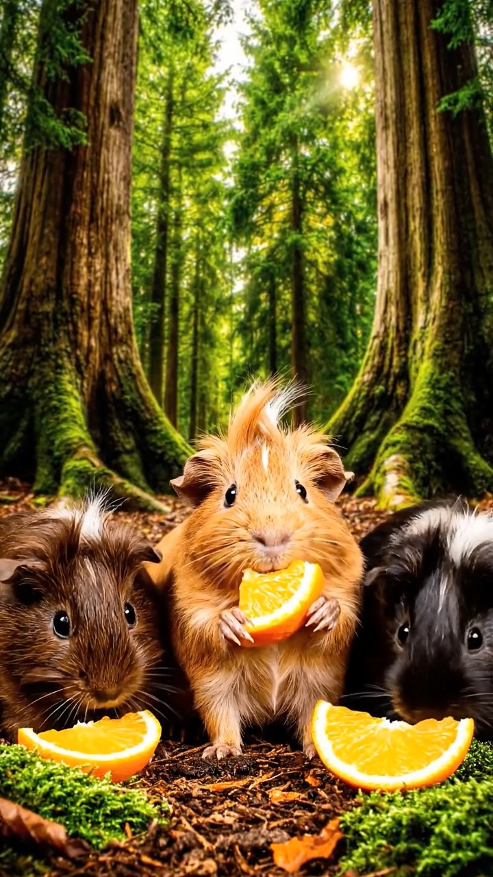 915. Highly detailed view of 5 smooth-haired Himalayan guinea pigs with White, Orange, Gray, Black, and Brown fur, snuggling closely, nuzzling each other’s fur for warmth, in a cozy nest of grass and twigs in a tranquil meadow with wildflowers, under soft morning light, creating a realistic, heartwarming scene.