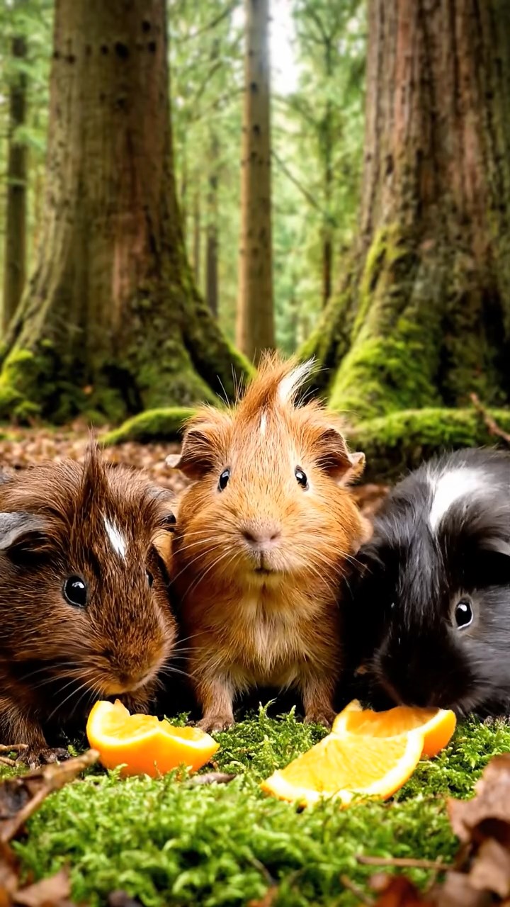 916. Realistic scene of 1 smooth-haired Californian guinea pig with Cream fur, munching on strawberries, delicately biting into the juicy fruit, in a fragrant citrus orchard with dew-kissed orange trees, under warm sunlight, capturing a vivid, lifelike rural moment.