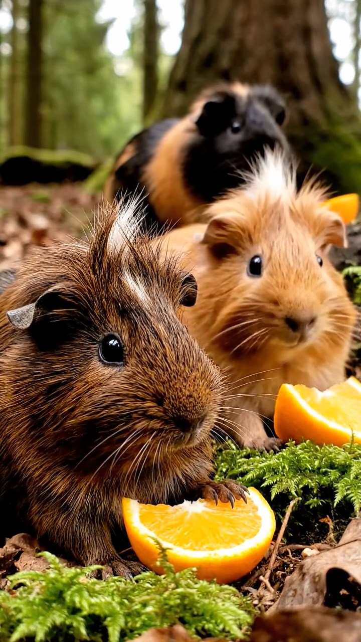 916. Realistic scene of 1 smooth-haired Californian guinea pig with Cream fur, munching on strawberries, delicately biting into the juicy fruit, in a fragrant citrus orchard with dew-kissed orange trees, under warm sunlight, capturing a vivid, lifelike rural moment.