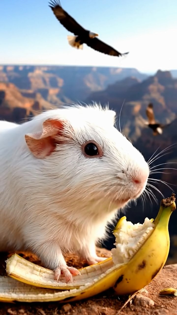 916. Realistic scene of 1 smooth-haired Californian guinea pig with Cream fur, munching on strawberries, delicately biting into the juicy fruit, in a fragrant citrus orchard with dew-kissed orange trees, under warm sunlight, capturing a vivid, lifelike rural moment.