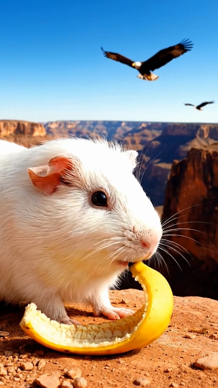 916. Realistic scene of 1 smooth-haired Californian guinea pig with Cream fur, munching on strawberries, delicately biting into the juicy fruit, in a fragrant citrus orchard with dew-kissed orange trees, under warm sunlight, capturing a vivid, lifelike rural moment.