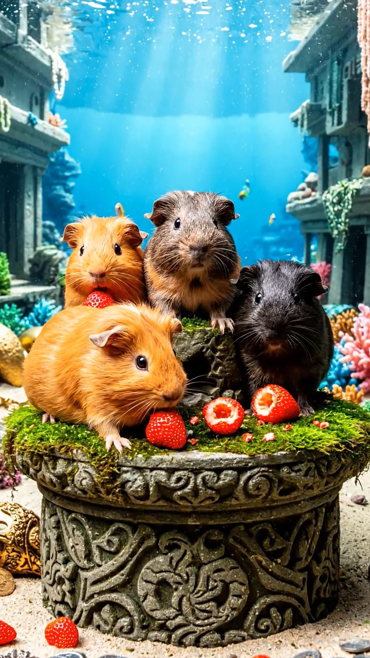 918. Photorealistic scene of 3 smooth-haired Teddy guinea pigs with Chocolate, Cinnamon, and Gray fur, navigating a maze of twigs, sniffing and scurrying with quick steps, in a forested clearing with soft moss, under dappled sunlight, enhancing the authentic, adventurous atmosphere.