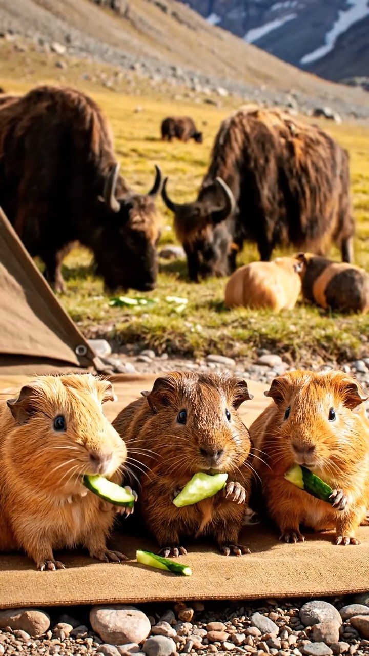 920. Realistic scene of 5 smooth-haired Californian guinea pigs with Cream, Fawn, Sable, Gray, and Cinnamon fur, sleeping in a cozy pile, their bodies curled tightly together, in a lush meadow with wildflowers and a gentle breeze, under golden sunlight, capturing a lifelike, tranquil group moment.