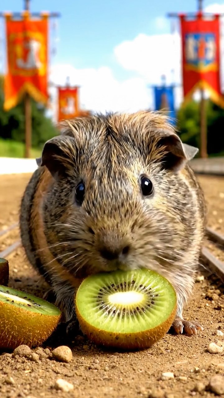 921. Detailed photo of 1 smooth-haired American guinea pig with White fur, nibbling on fresh apples, biting off small chunks with precise teeth, in a vibrant lavender garden with purple blooms swaying, under soft sunlight, creating a realistic, fragrant pastoral scene.