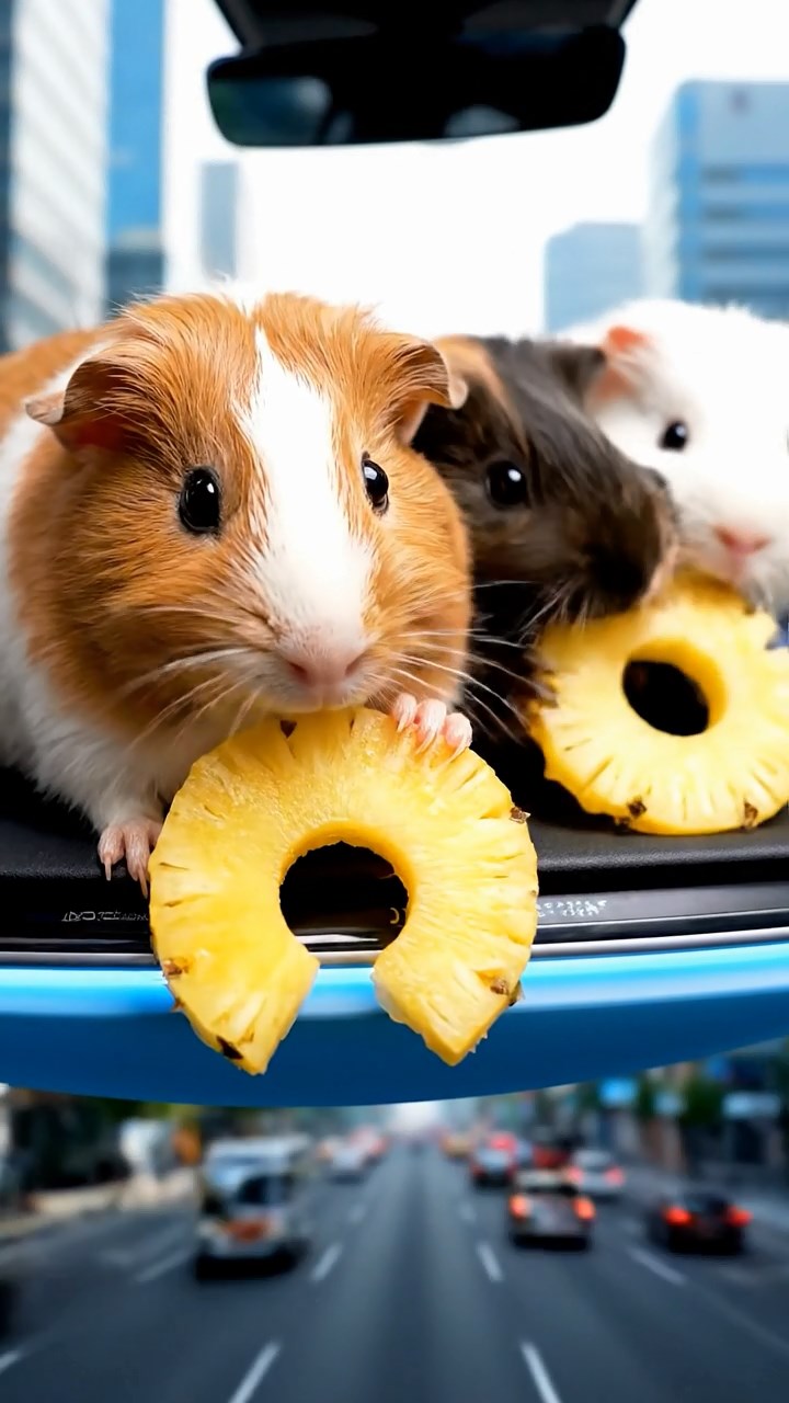 924. Realistic scene of 4 smooth-haired Californian guinea pigs with Fawn, Chocolate, Cinnamon, and Sable fur, dressed as firefighters in tiny uniforms, spraying water from miniature hoses with focused aim, in a guinea pig village with hay houses, under glowing streetlights, capturing a heroic, lifelike moment.