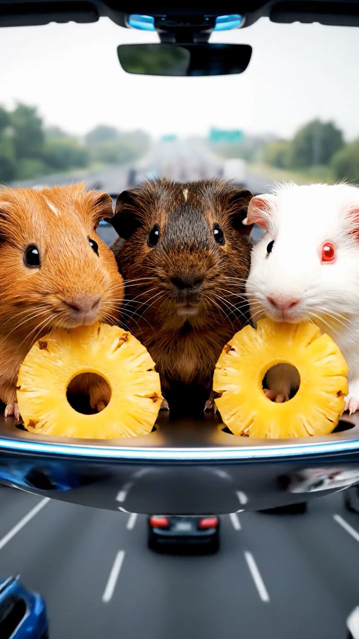 924. Realistic scene of 4 smooth-haired Californian guinea pigs with Fawn, Chocolate, Cinnamon, and Sable fur, dressed as firefighters in tiny uniforms, spraying water from miniature hoses with focused aim, in a guinea pig village with hay houses, under glowing streetlights, capturing a heroic, lifelike moment.