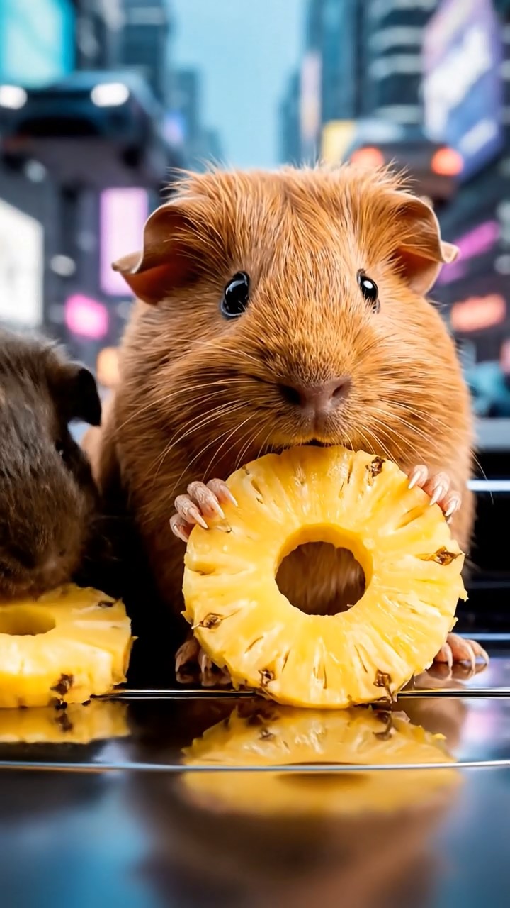 924. Realistic scene of 4 smooth-haired Californian guinea pigs with Fawn, Chocolate, Cinnamon, and Sable fur, dressed as firefighters in tiny uniforms, spraying water from miniature hoses with focused aim, in a guinea pig village with hay houses, under glowing streetlights, capturing a heroic, lifelike moment.