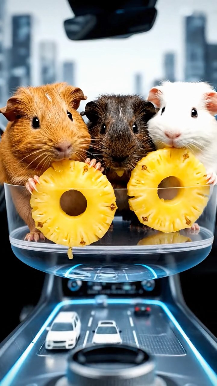 924. Realistic scene of 4 smooth-haired Californian guinea pigs with Fawn, Chocolate, Cinnamon, and Sable fur, dressed as firefighters in tiny uniforms, spraying water from miniature hoses with focused aim, in a guinea pig village with hay houses, under glowing streetlights, capturing a heroic, lifelike moment.