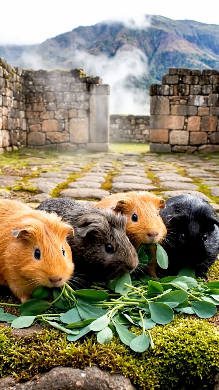 925. Detailed photo of 5 smooth-haired American guinea pigs with White, Orange, Gray, Black, and Brown fur, foraging for clover, sniffing and nibbling with quick bites, in a lush meadow with wildflowers and a trickling stream, under soft morning light, creating a realistic, serene pastoral scene.