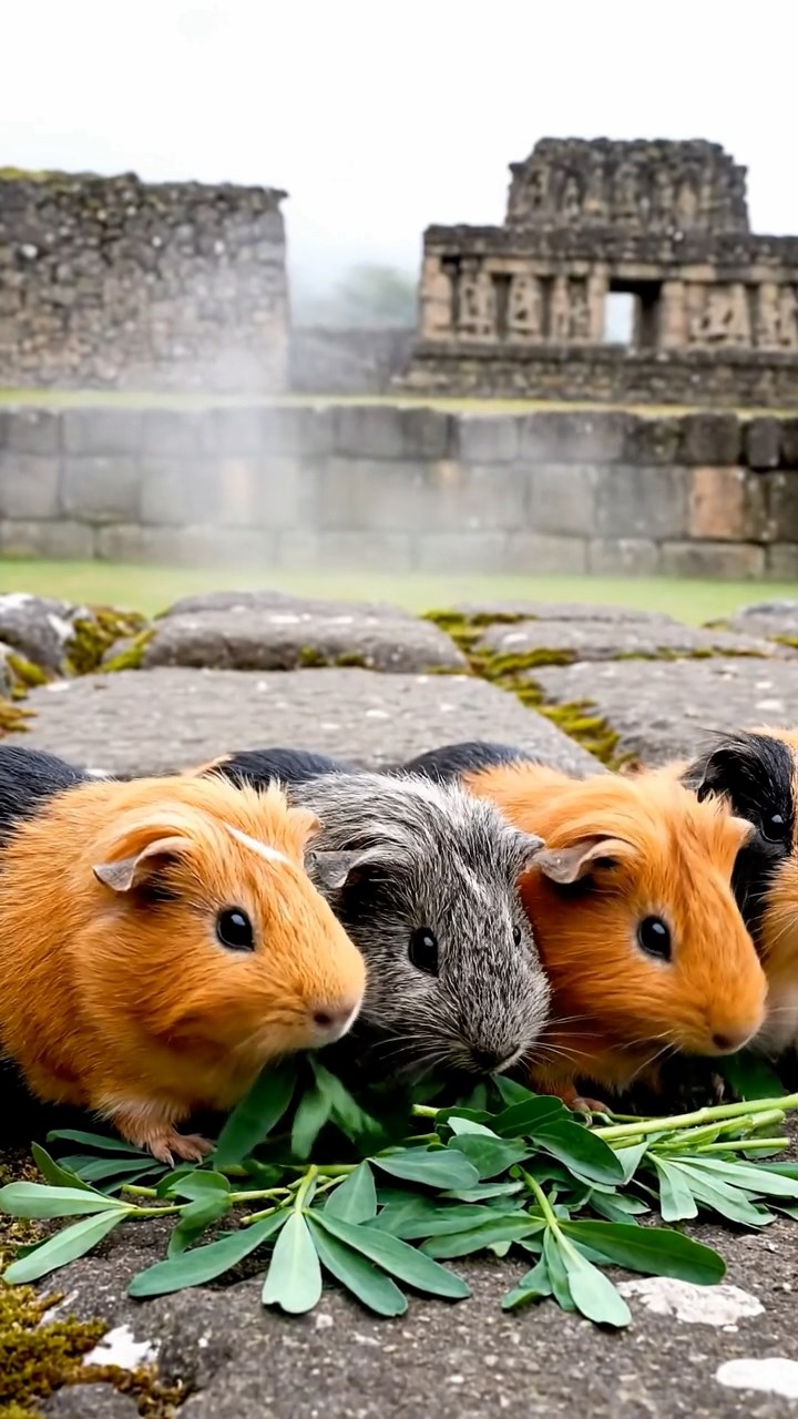 925. Detailed photo of 5 smooth-haired American guinea pigs with White, Orange, Gray, Black, and Brown fur, foraging for clover, sniffing and nibbling with quick bites, in a lush meadow with wildflowers and a trickling stream, under soft morning light, creating a realistic, serene pastoral scene.