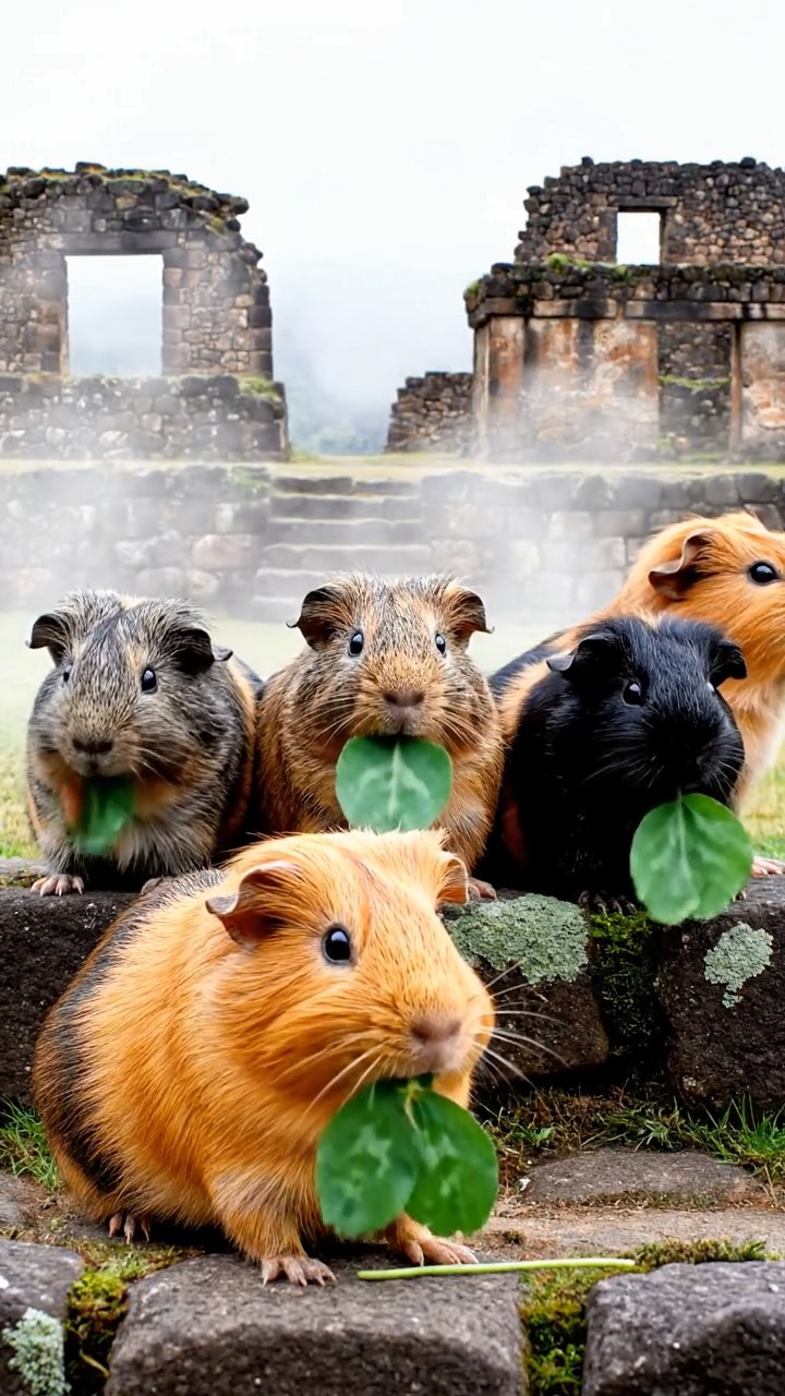 925. Detailed photo of 5 smooth-haired American guinea pigs with White, Orange, Gray, Black, and Brown fur, foraging for clover, sniffing and nibbling with quick bites, in a lush meadow with wildflowers and a trickling stream, under soft morning light, creating a realistic, serene pastoral scene.