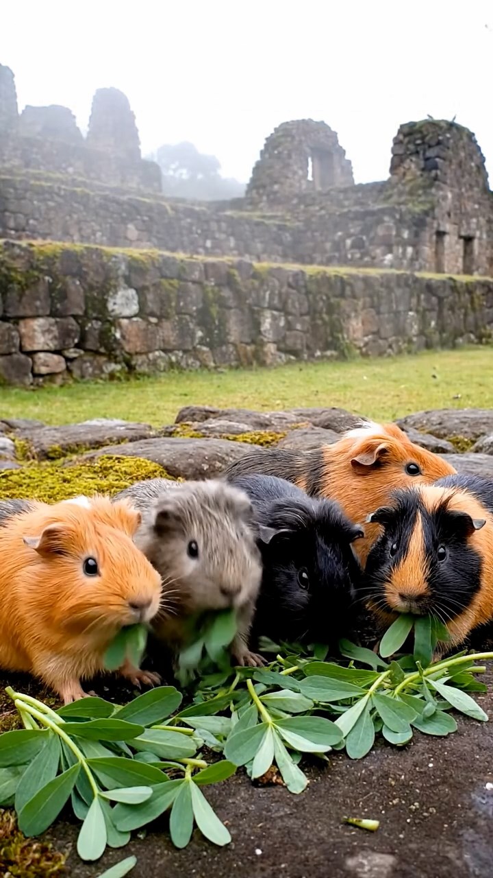 925. Detailed photo of 5 smooth-haired American guinea pigs with White, Orange, Gray, Black, and Brown fur, foraging for clover, sniffing and nibbling with quick bites, in a lush meadow with wildflowers and a trickling stream, under soft morning light, creating a realistic, serene pastoral scene.