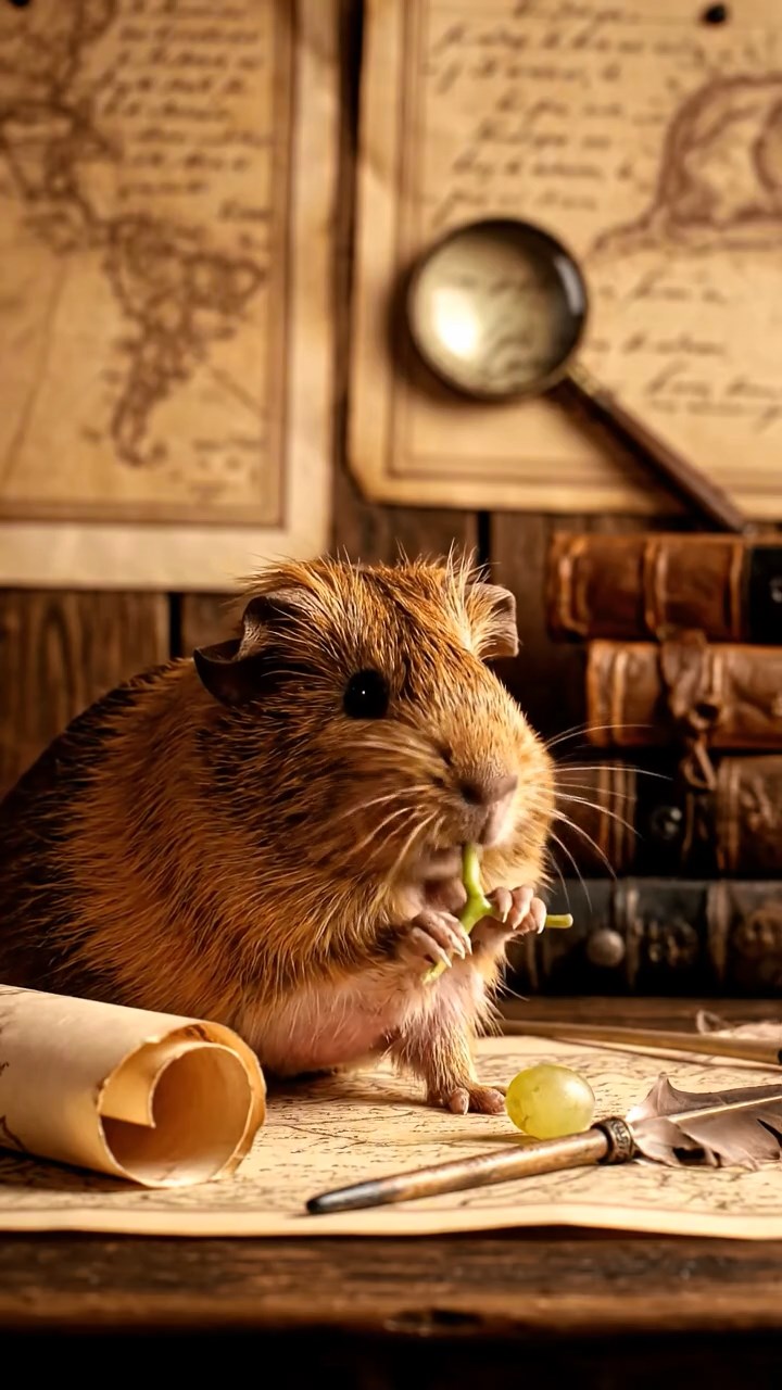 926. Photorealistic scene of 1 smooth-haired Teddy guinea pig with Cream fur, lapping water from a clear stream with delicate tongue flicks, on a forested slope with pine needles and moss, under dappled sunlight, capturing a serene, lifelike moment of hydration.