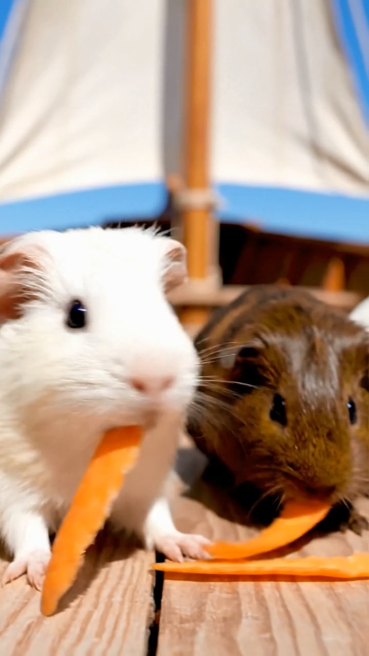 927. Highly detailed view of 2 smooth-haired Himalayan guinea pigs with Fawn and Sable fur, dressed as musicians in tiny vests, plucking miniature guitar strings with precise paws, in a guinea pig concert hall with hay seats, under warm spotlights, creating a realistic, elegant scene.