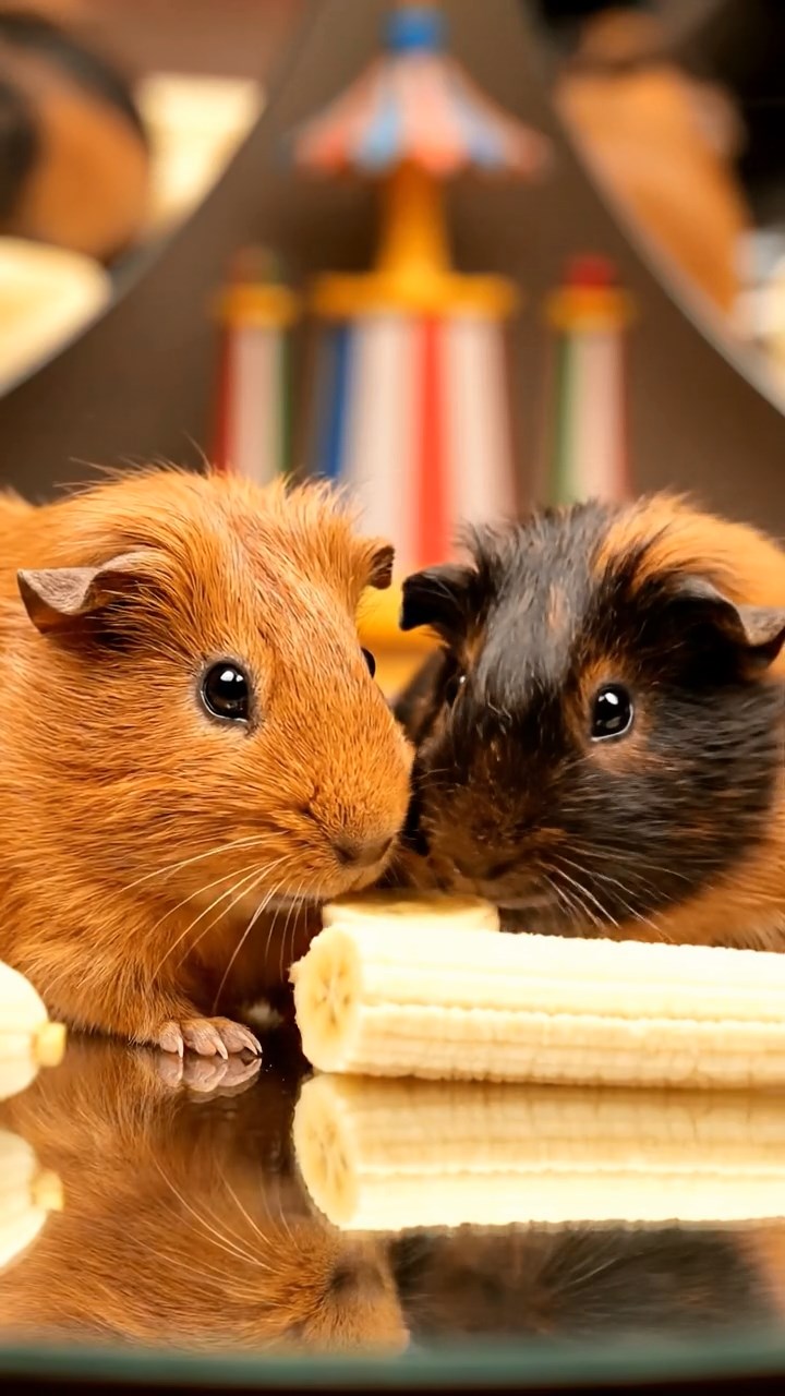 1472. Photorealistic photo of 2 smooth-haired Abyssinian guinea pigs with cinnamon and sable fur, sharing banana slices, in a carnival funhouse with warped mirrors.