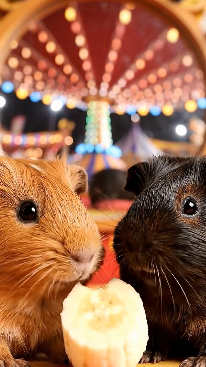 1472. Photorealistic photo of 2 smooth-haired Abyssinian guinea pigs with cinnamon and sable fur, sharing banana slices, in a carnival funhouse with warped mirrors.