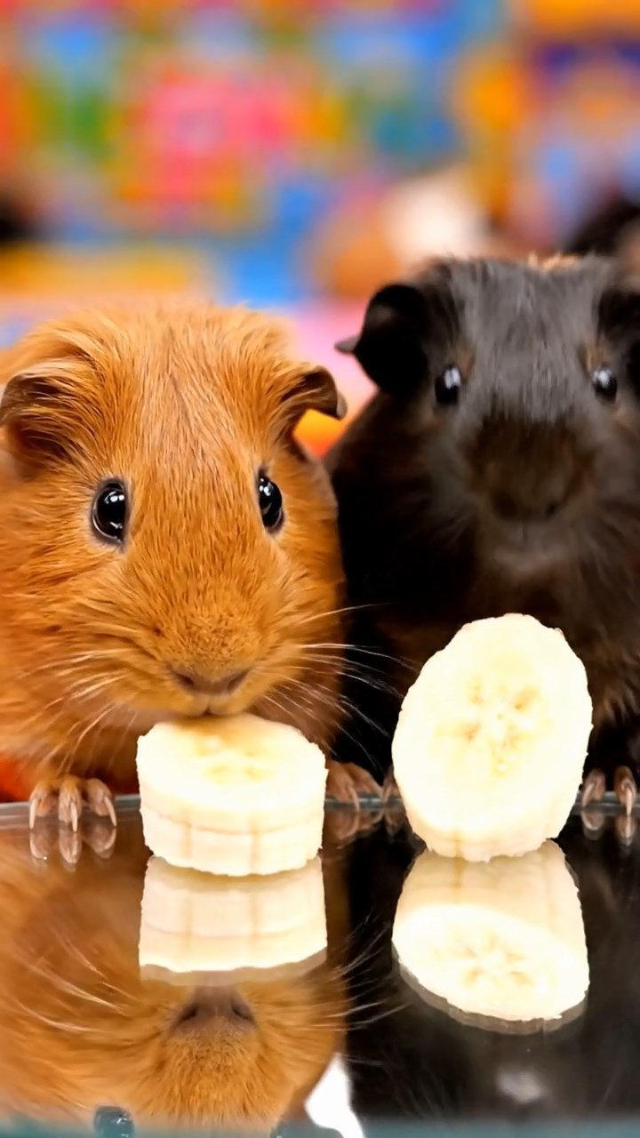 1472. Photorealistic photo of 2 smooth-haired Abyssinian guinea pigs with cinnamon and sable fur, sharing banana slices, in a carnival funhouse with warped mirrors.