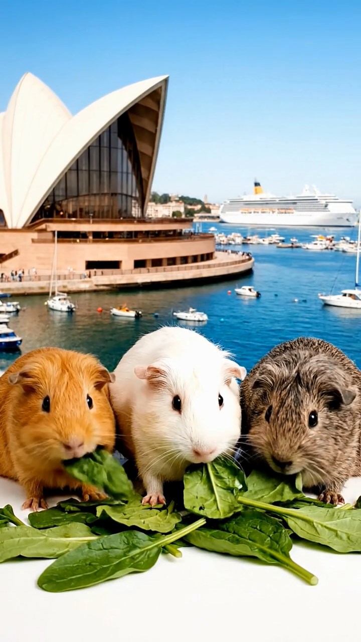 1473. Realistic image of 3 smooth-haired Peruvian guinea pigs with white, orange, and gray fur, munching on spinach leaves, atop a curved opera house shell with harbor.