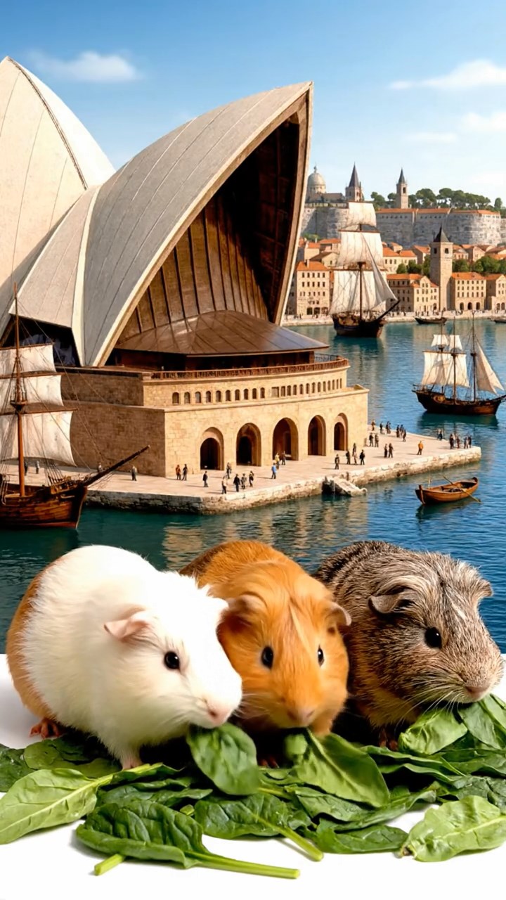 1473. Realistic image of 3 smooth-haired Peruvian guinea pigs with white, orange, and gray fur, munching on spinach leaves, atop a curved opera house shell with harbor.