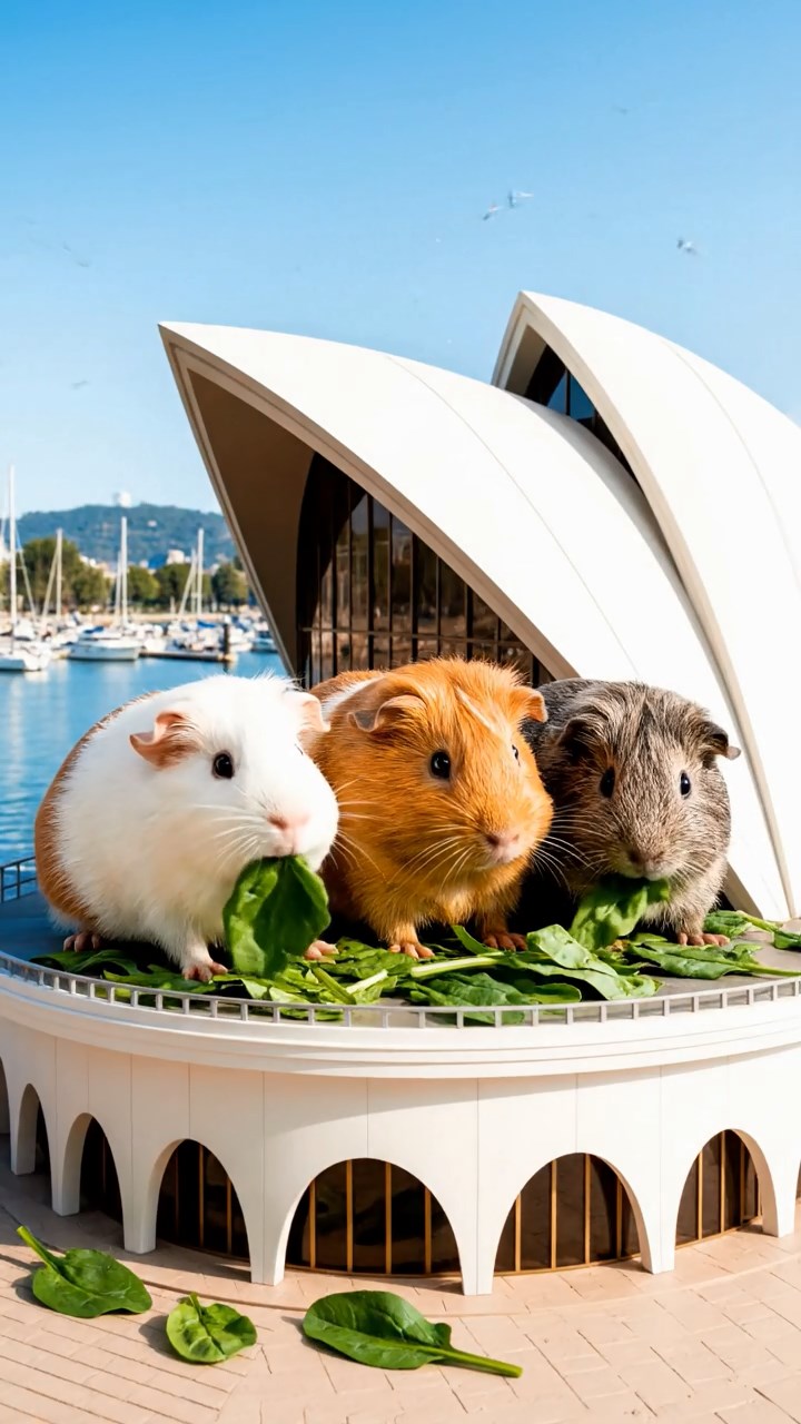 1473. Realistic image of 3 smooth-haired Peruvian guinea pigs with white, orange, and gray fur, munching on spinach leaves, atop a curved opera house shell with harbor.