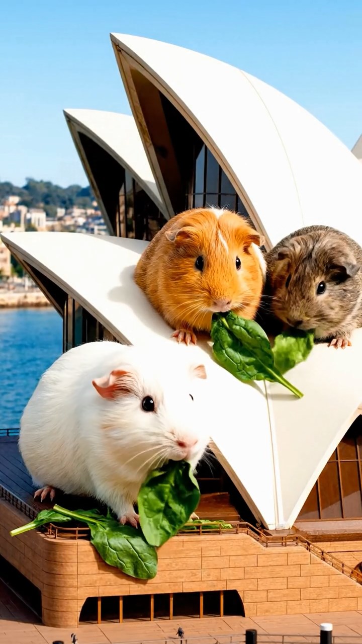 1473. Realistic image of 3 smooth-haired Peruvian guinea pigs with white, orange, and gray fur, munching on spinach leaves, atop a curved opera house shell with harbor.